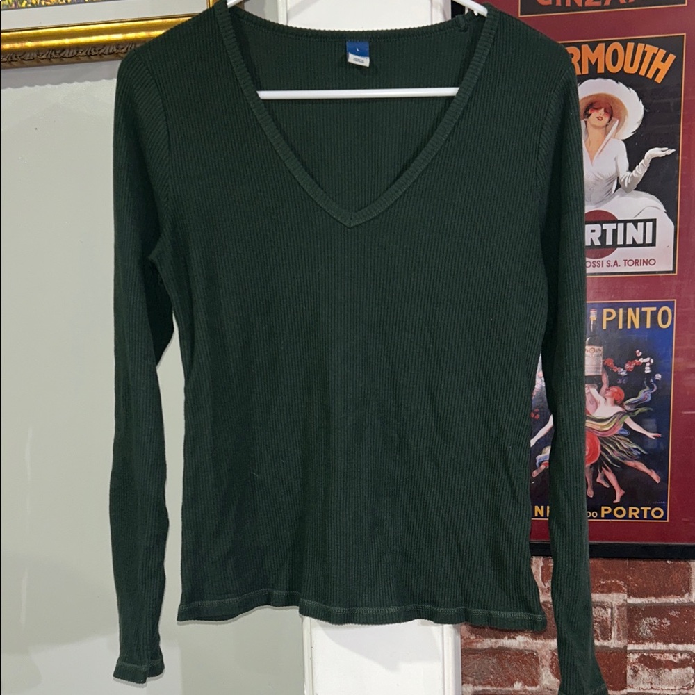 Old Navy Dark Green Ribbed V-Neck Long Sleeve Top